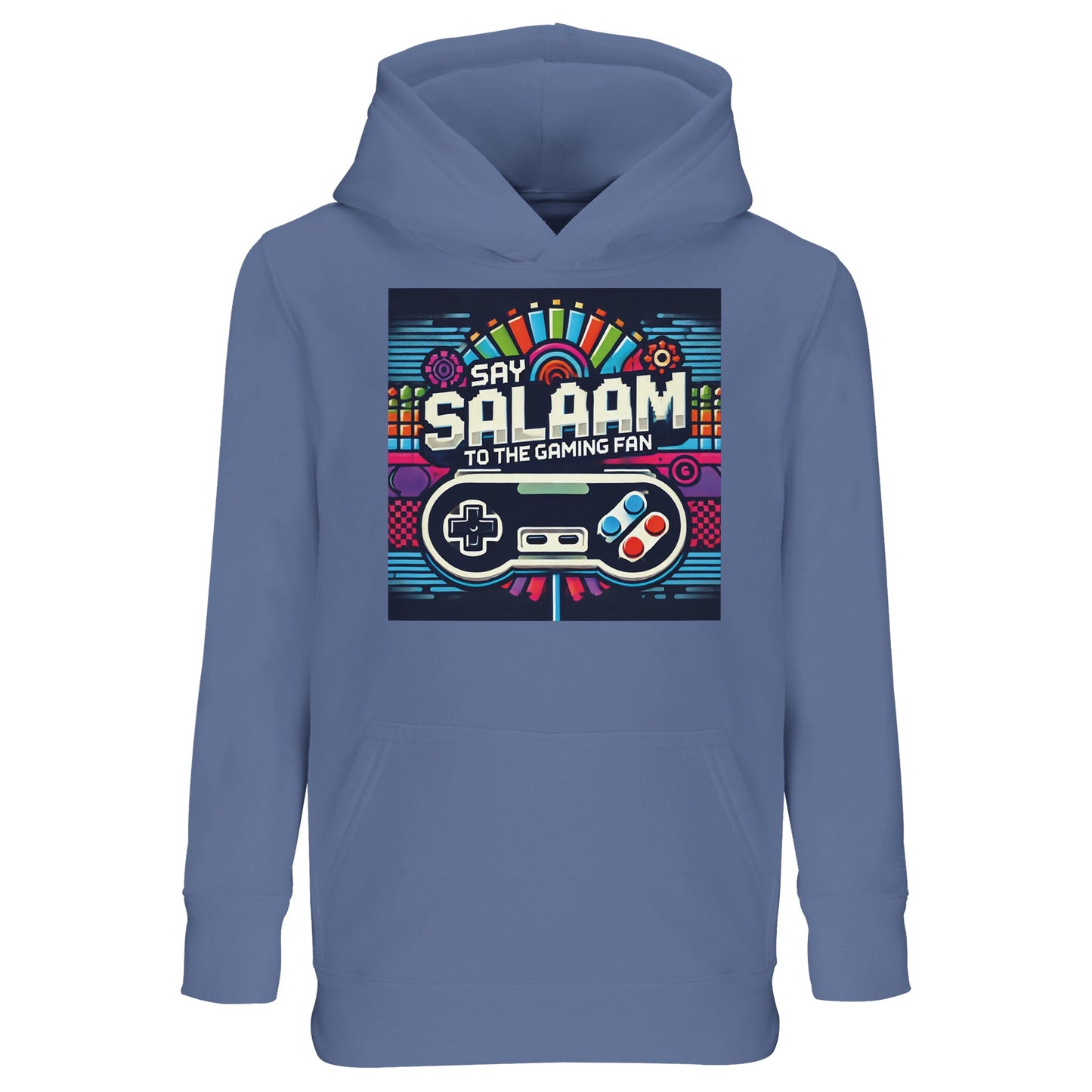Say Salaam to the Gaming Fan Design #4 Part-Recycled Cotton-Poly Kids Hoodie in Blue / Marble Blue / Blue-Grey / Waikawa Grey. A bright jumper for energetic children who bring Muslim enthusiasm to every online match & console session. Brushed fleece fabric keeps them cosy through FIFA games and streaming nights. Made from a durable cotton & recycled polyester blend for long-lasting wear. Excellent value price for parents seeking affordable Islamic youth gaming fashion with warmth, comfort & standout color.