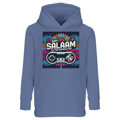 Say Salaam to the Gaming Fan Design #4 Part-Recycled Cotton-Poly Kids Hoodie in Blue / Marble Blue / Blue-Grey / Waikawa Grey. A bright jumper for energetic children who bring Muslim enthusiasm to every online match & console session. Brushed fleece fabric keeps them cosy through FIFA games and streaming nights. Made from a durable cotton & recycled polyester blend for long-lasting wear. Excellent value price for parents seeking affordable Islamic youth gaming fashion with warmth, comfort & standout color.