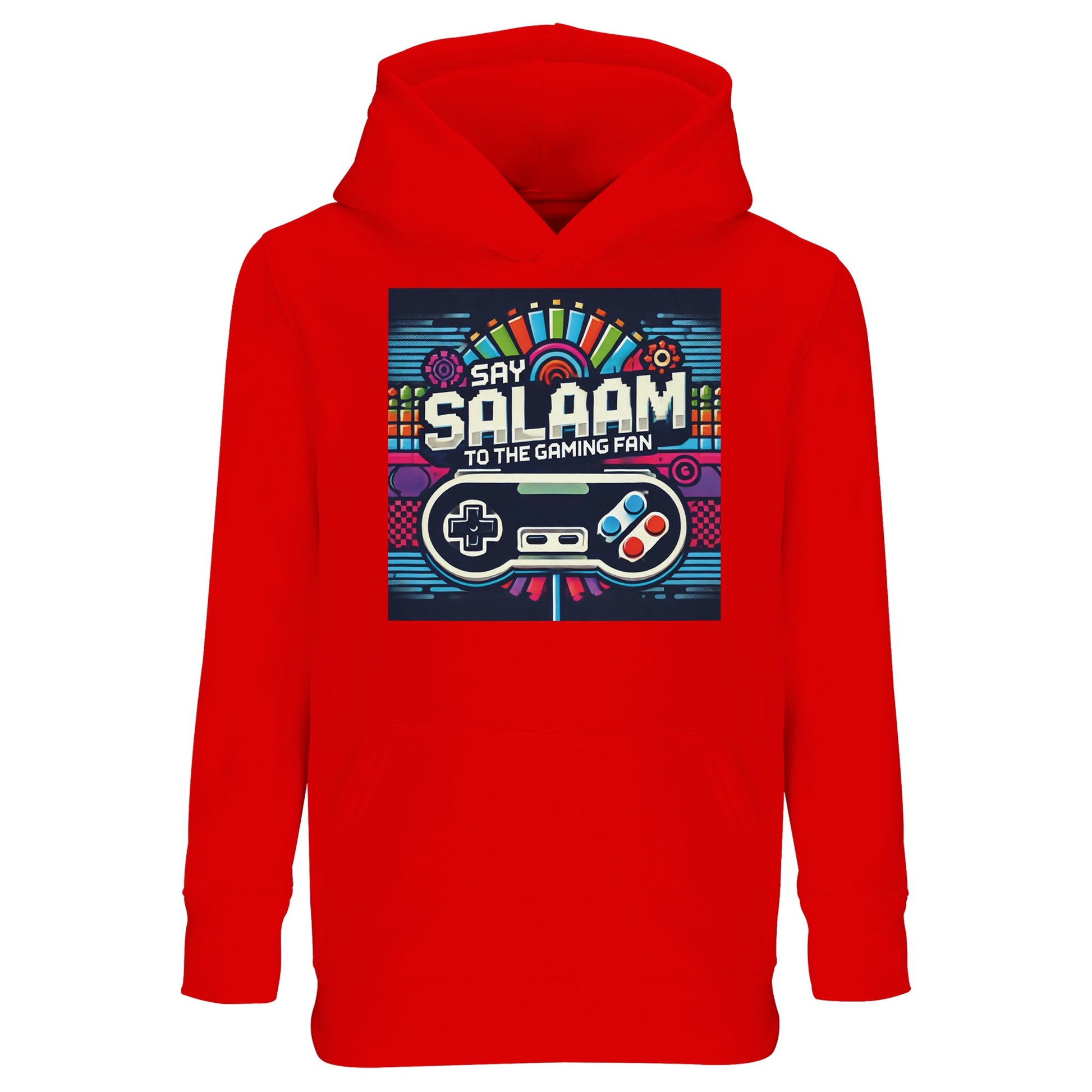 Say Salaam to the Gaming Fan Design #4 Part-Recycled Cotton-Poly Kids Hoodie in Bright Red / Rosso Corsa. A bold jumper built for energetic youngsters who move from playground to online gaming lobby without missing a beat. Soft brushed fleece lining keeps them warm during long Xbox, PlayStation and FIFA sessions. Crafted from an 80% cotton, 20% recycled polyester blend for durability and comfort. Great value price for Muslim parents seeking quality kids streetwear, esports merch and gaming-inspired fashion.