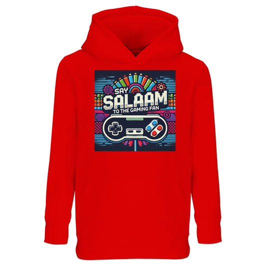 Say Salaam to the Gaming Fan Design #4 Part-Recycled Cotton-Poly Kids Hoodie in Bright Red / Rosso Corsa. A bold jumper built for energetic youngsters who move from playground to online gaming lobby without missing a beat. Soft brushed fleece lining keeps them warm during long Xbox, PlayStation and FIFA sessions. Crafted from an 80% cotton, 20% recycled polyester blend for durability and comfort. Great value price for Muslim parents seeking quality kids streetwear, esports merch and gaming-inspired fashion.