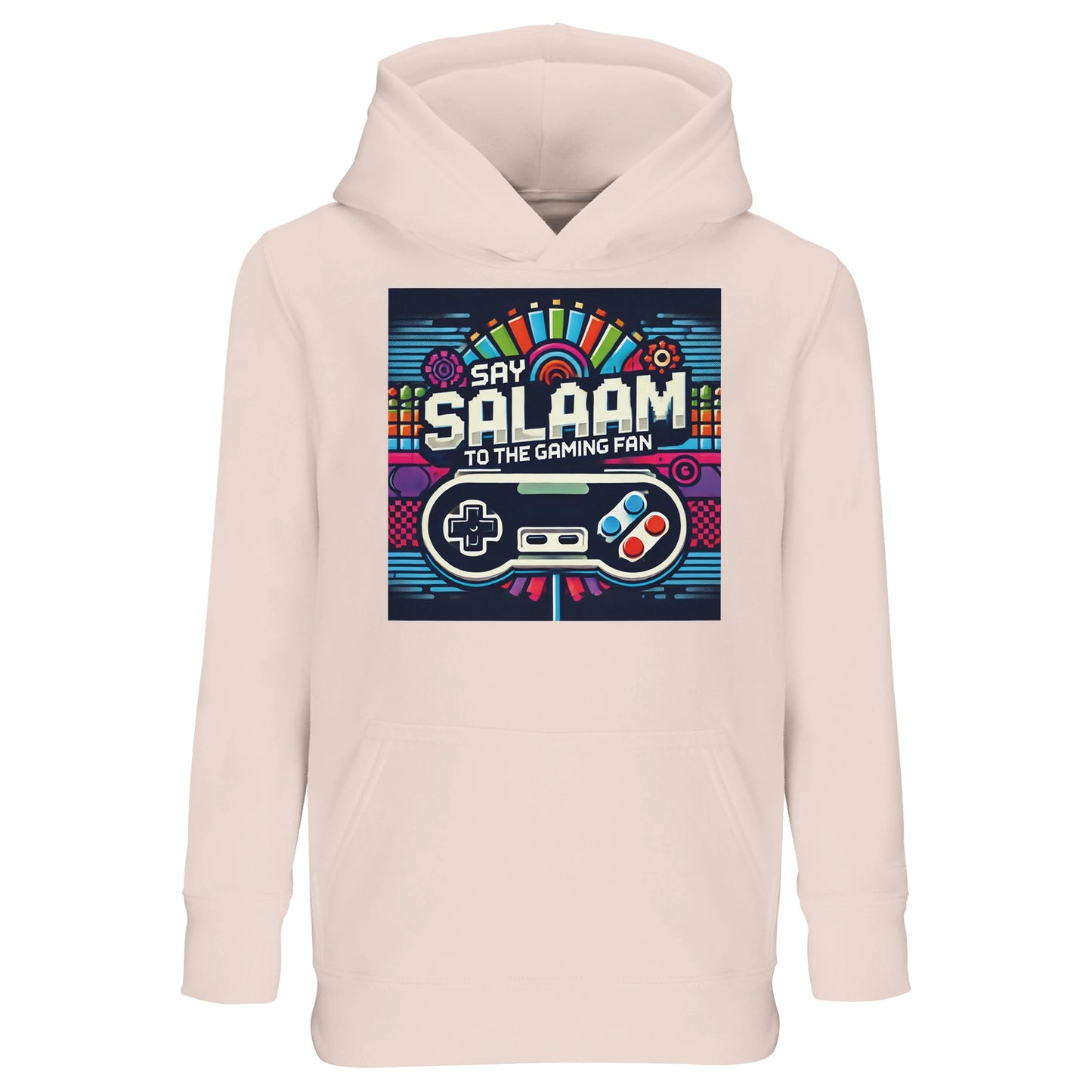 Say Salaam to the Gaming Fan Design #4 Part-Recycled Cotton-Poly Kids Hoodie in Creamy Pink / Oyster Pink. A softer-tone jumper for confident youngsters who balance creativity with competitive gaming spirit. Warm brushed fleece lining makes it ideal for long Roblox sessions, console tournaments and casual multiplayer play. Cotton-recycled polyester blend delivers durability and comfort. Fairly priced hoodie offering quality kids gaming apparel, modest streetwear appeal and everyday versatility.