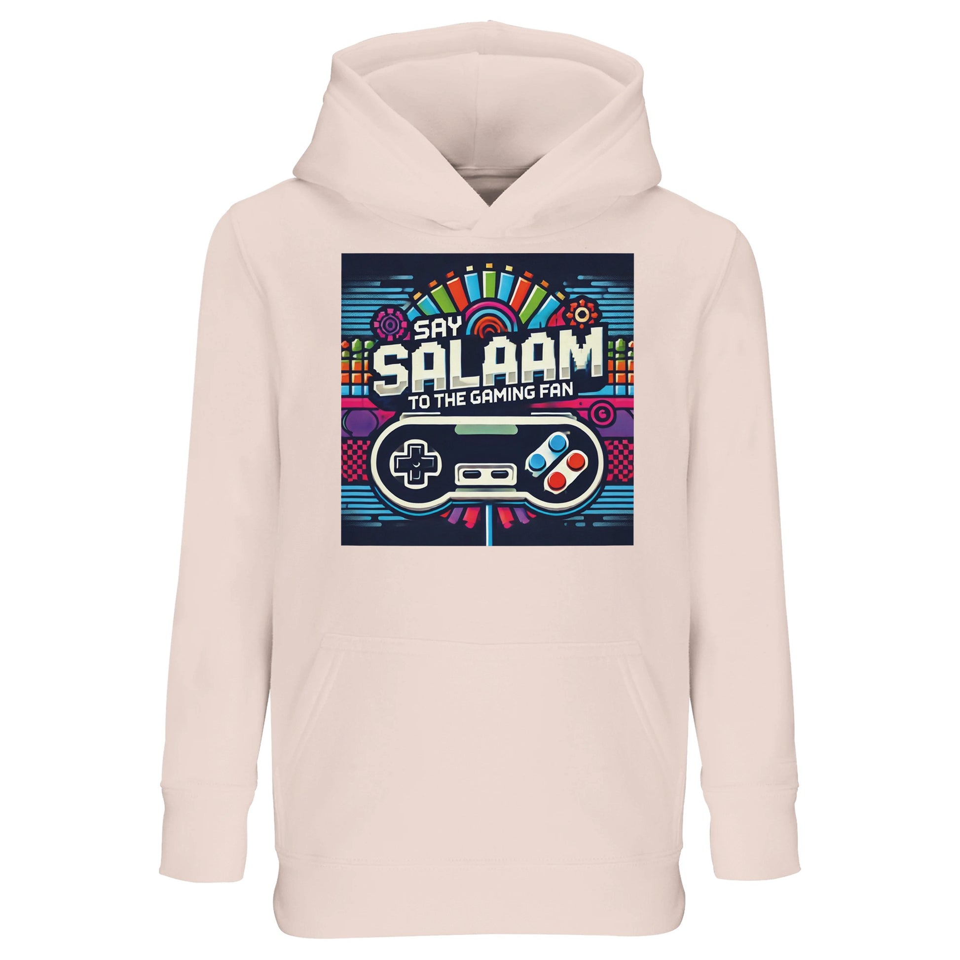 Say Salaam to the Gaming Fan Design #4 Part-Recycled Cotton-Poly Kids Hoodie in Creamy Pink / Oyster Pink. A softer-tone jumper for confident youngsters who balance creativity with competitive gaming spirit. Warm brushed fleece lining makes it ideal for long Roblox sessions, console tournaments and casual multiplayer play. Cotton-recycled polyester blend delivers durability and comfort. Fairly priced hoodie offering quality kids gaming apparel, modest streetwear appeal and everyday versatility.