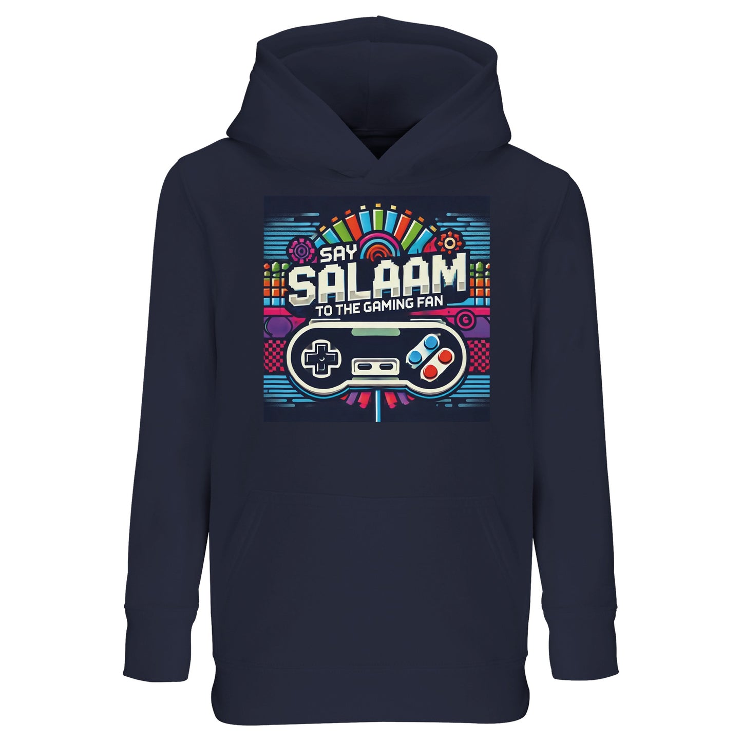 Say Salaam to the Gaming Fan Design #4 Part-Recycled Cotton-Poly Kids Hoodie in French Navy / Ebony Clay. A deep-toned jumper designed for focused youngsters who thrive in online competition and team strategy games. Warm brushed fleece interior makes it ideal for cooler evenings and long Call of Duty sessions. Cotton-poly recycled blend ensures softness with strength. Smart choice at a budget-friendly price for youth gaming fans who value Islamic comfort, modest Muslim style and everyday practicality.