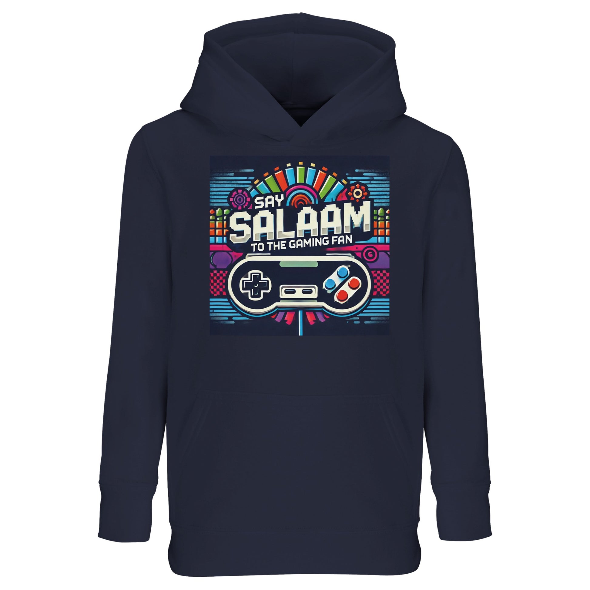 Say Salaam to the Gaming Fan Design #4 Part-Recycled Cotton-Poly Kids Hoodie in French Navy / Ebony Clay. A deep-toned jumper designed for focused youngsters who thrive in online competition and team strategy games. Warm brushed fleece interior makes it ideal for cooler evenings and long Call of Duty sessions. Cotton-poly recycled blend ensures softness with strength. Smart choice at a budget-friendly price for youth gaming fans who value Islamic comfort, modest Muslim style and everyday practicality.