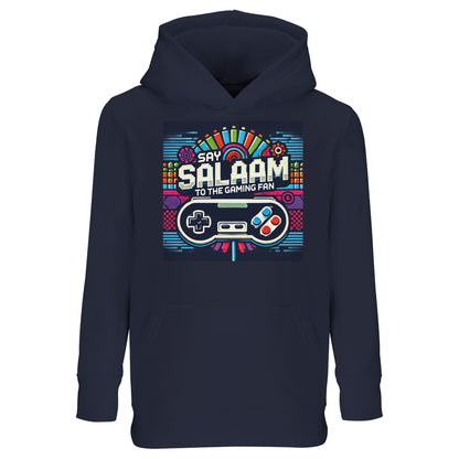 Say Salaam to the Gaming Fan Design #4 Part-Recycled Cotton-Poly Kids Hoodie in French Navy / Ebony Clay. A deep-toned jumper designed for focused youngsters who thrive in online competition and team strategy games. Warm brushed fleece interior makes it ideal for cooler evenings and long Call of Duty sessions. Cotton-poly recycled blend ensures softness with strength. Smart choice at a budget-friendly price for youth gaming fans who value Islamic comfort, modest Muslim style and everyday practicality.