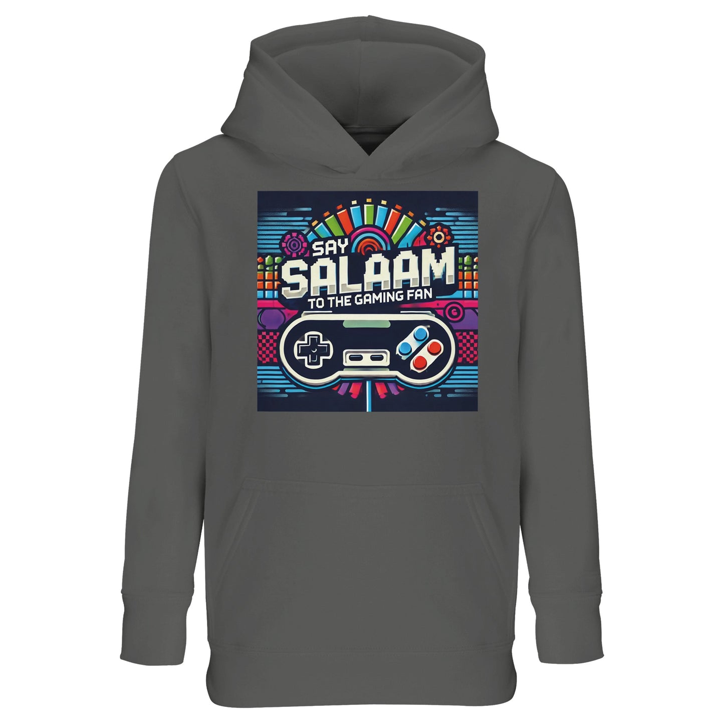 Say Salaam to the Gaming Fan Design #4 Part-Recycled Cotton-Poly Kids Hoodie in Grey Melange / Heather Grey / Marl Grey. A versatile jumper suited to school mornings and weekend esports play. The brushed fleece lining provides cosy warmth, while the cotton-rich recycled fabric stands up to Islamic daily wear. Ideal for FIFA matches, console tournaments and streaming sessions. Great value kids hoodie combining Muslim gaming culture, streetwear edge and durable quality at an accessible price.