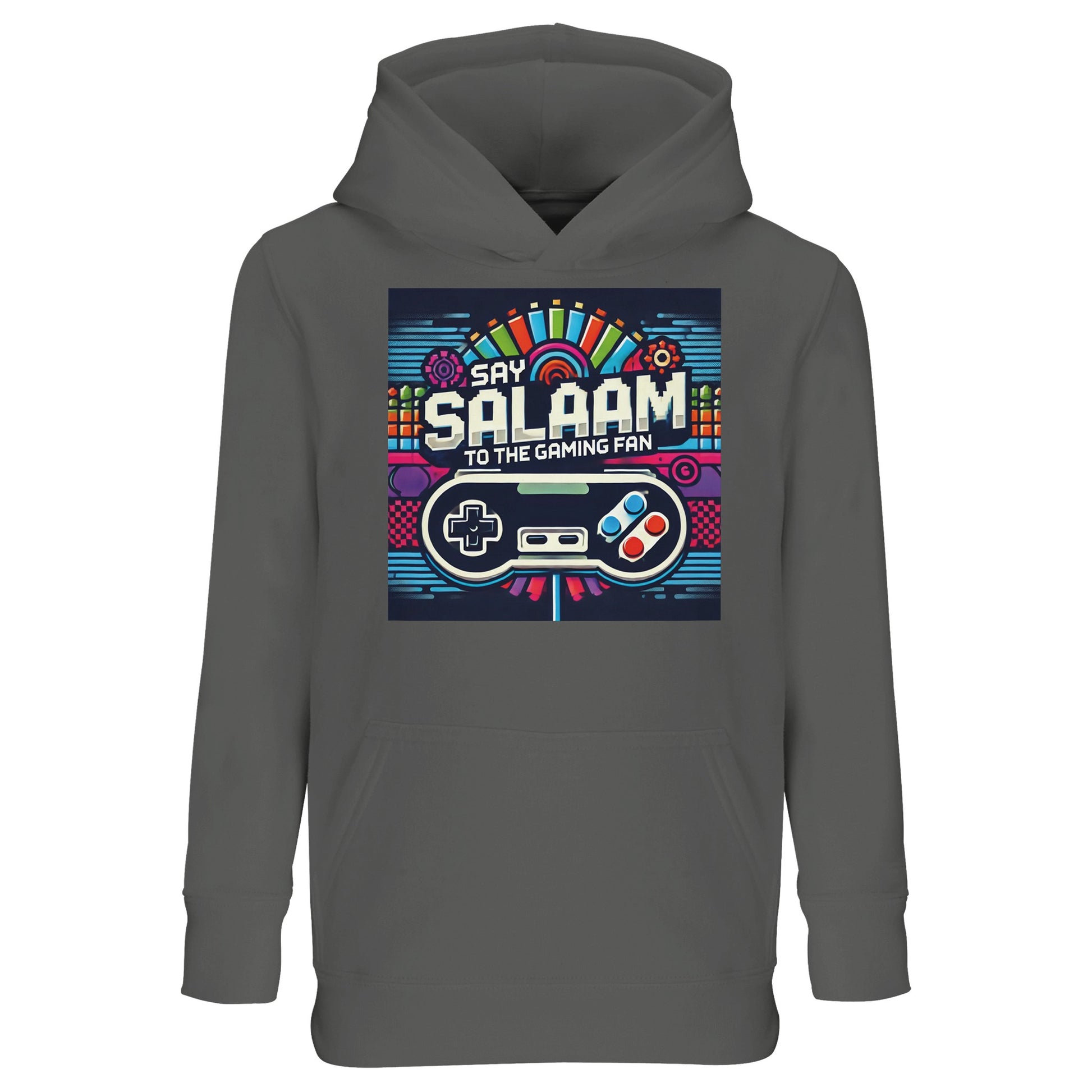 Say Salaam to the Gaming Fan Design #4 Part-Recycled Cotton-Poly Kids Hoodie in Grey Melange / Heather Grey / Marl Grey. A versatile jumper suited to school mornings and weekend esports play. The brushed fleece lining provides cosy warmth, while the cotton-rich recycled fabric stands up to Islamic daily wear. Ideal for FIFA matches, console tournaments and streaming sessions. Great value kids hoodie combining Muslim gaming culture, streetwear edge and durable quality at an accessible price.