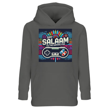 Say Salaam to the Gaming Fan Design #4 Part-Recycled Cotton-Poly Kids Hoodie in Grey Melange / Heather Grey / Marl Grey. A versatile jumper suited to school mornings and weekend esports play. The brushed fleece lining provides cosy warmth, while the cotton-rich recycled fabric stands up to Islamic daily wear. Ideal for FIFA matches, console tournaments and streaming sessions. Great value kids hoodie combining Muslim gaming culture, streetwear edge and durable quality at an accessible price.