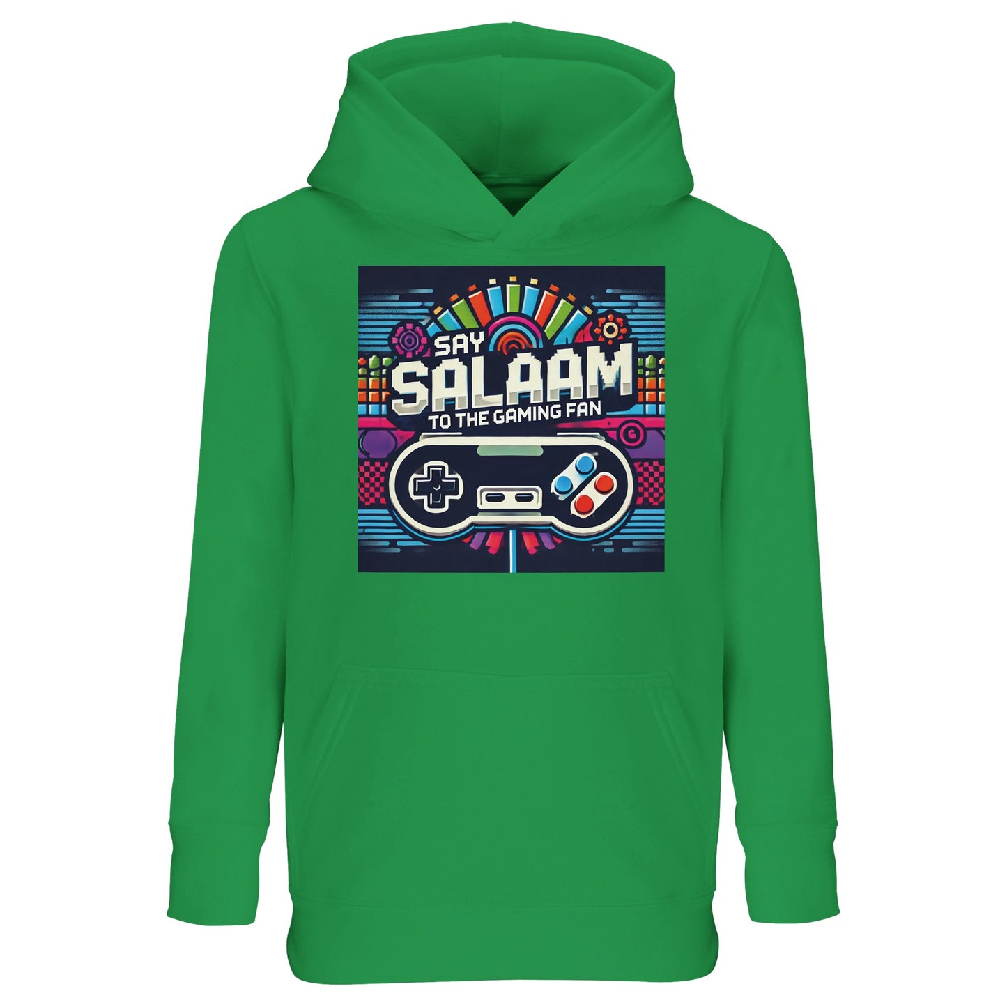 Say Salaam to the Gaming Fan Design #4 Part-Recycled Cotton-Poly Kids Hoodie in Kelly Green / Spring Green / Sea Green. A vibrant jumper for children who love competitive multiplayer, online battles and console gaming marathons. Brushed fleece interior delivers warmth, while the cotton-rich recycled blend has breathability and resilience. Perfect for FIFA tournaments, Roblox worlds and after-school gaming. A well-priced hoodie offering comfort, durability and standout colour for modern youth gamers.