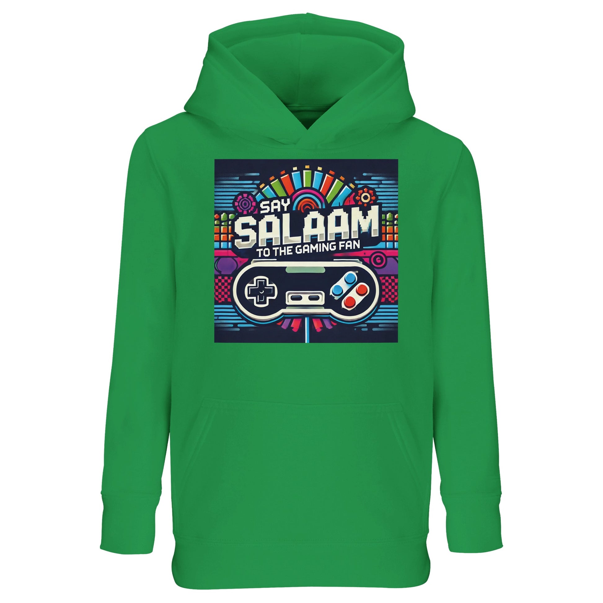 Say Salaam to the Gaming Fan Design #4 Part-Recycled Cotton-Poly Kids Hoodie in Kelly Green / Spring Green / Sea Green. A vibrant jumper for children who love competitive multiplayer, online battles and console gaming marathons. Brushed fleece interior delivers warmth, while the cotton-rich recycled blend has breathability and resilience. Perfect for FIFA tournaments, Roblox worlds and after-school gaming. A well-priced hoodie offering comfort, durability and standout colour for modern youth gamers.