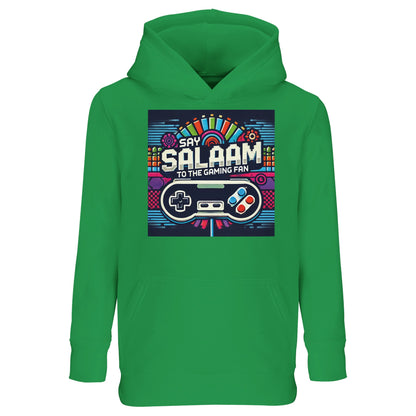 Say Salaam to the Gaming Fan Design #4 Part-Recycled Cotton-Poly Kids Hoodie in Kelly Green / Spring Green / Sea Green. A vibrant jumper for children who love competitive multiplayer, online battles and console gaming marathons. Brushed fleece interior delivers warmth, while the cotton-rich recycled blend has breathability and resilience. Perfect for FIFA tournaments, Roblox worlds and after-school gaming. A well-priced hoodie offering comfort, durability and standout colour for modern youth gamers.