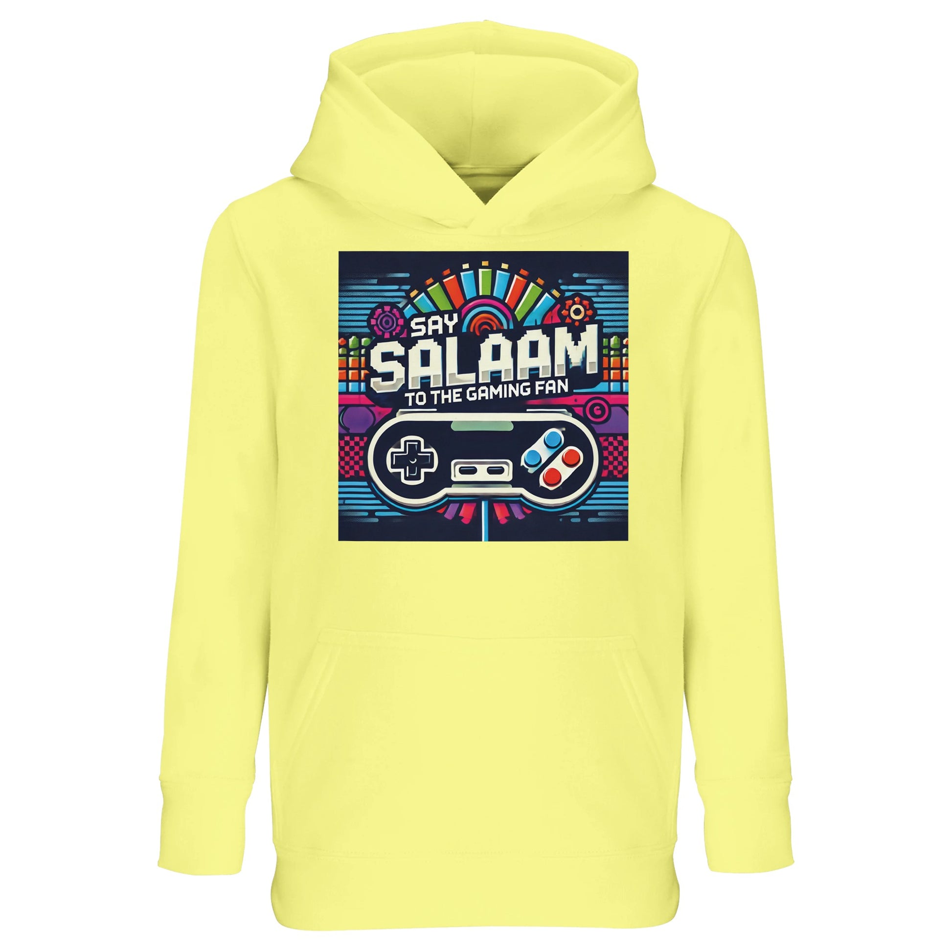 Say Salaam to the Gaming Fan Design #4 Part-Recycled Cotton-Poly Kids Hoodie in Light Yellow / Lemon Chiffon. A bright jumper for energetic children who bring Muslim enthusiasm to every online match and console session. Brushed fleece fabric keeps them cosy through FIFA games and streaming nights. Made from a durable cotton and recycled polyester blend for long-lasting wear. Excellent value price for parents seeking affordable Islamic youth gaming fashion with warmth, comfort and standout colour.