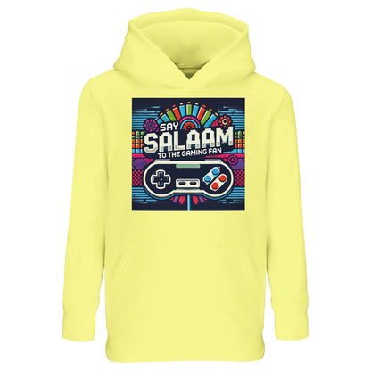 Say Salaam to the Gaming Fan Design #4 Part-Recycled Cotton-Poly Kids Hoodie in Light Yellow / Lemon Chiffon. A bright jumper for energetic children who bring Muslim enthusiasm to every online match and console session. Brushed fleece fabric keeps them cosy through FIFA games and streaming nights. Made from a durable cotton and recycled polyester blend for long-lasting wear. Excellent value price for parents seeking affordable Islamic youth gaming fashion with warmth, comfort and standout colour.