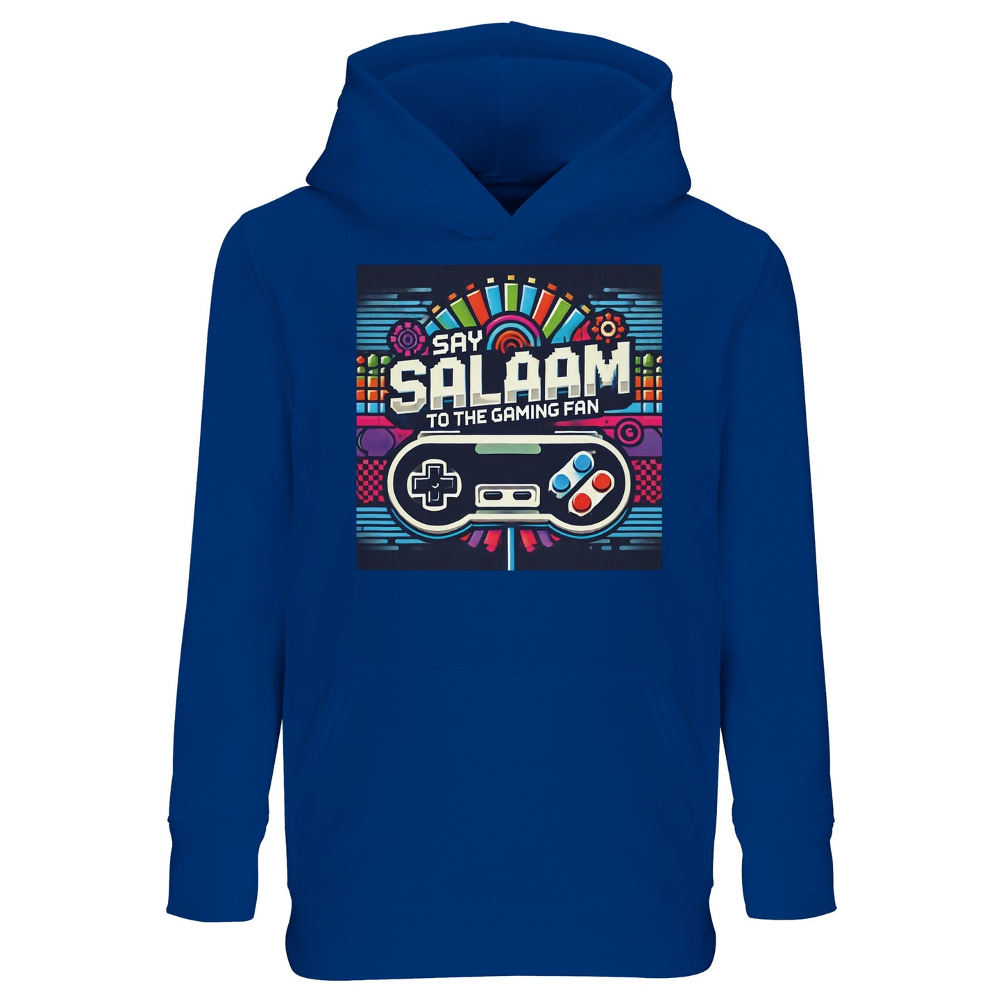 Say Salaam to the Gaming Fan Design #4 Part-Recycled Cotton-Poly Kids Hoodie in Royal Blue / Dark Midnight Blue. A confident jumper for young players who live for headset chatter, esports highlights and multiplayer wins. The soft brushed fleece lining keeps them warm during extended console play, from PlayStation to Xbox arenas. Made with 80% cotton and 20% recycled polyester for lasting quality. Excellent price point for parents wanting affordable, durable gaming streetwear for children and teens.