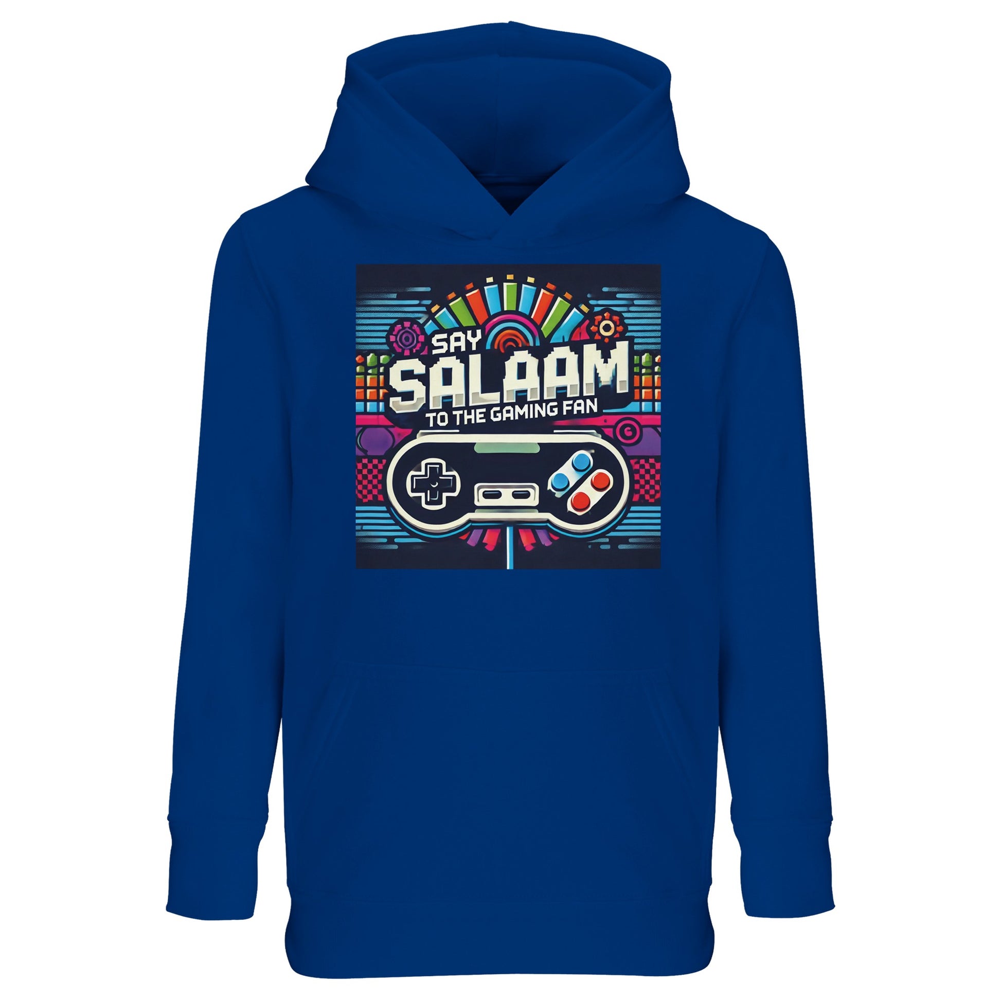 Say Salaam to the Gaming Fan Design #4 Part-Recycled Cotton-Poly Kids Hoodie in Royal Blue / Dark Midnight Blue. A confident jumper for young players who live for headset chatter, esports highlights and multiplayer wins. The soft brushed fleece lining keeps them warm during extended console play, from PlayStation to Xbox arenas. Made with 80% cotton and 20% recycled polyester for lasting quality. Excellent price point for parents wanting affordable, durable gaming streetwear for children and teens.