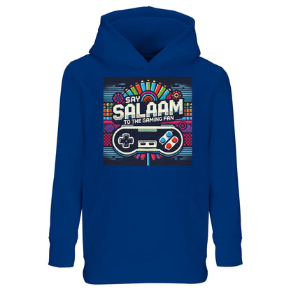 Say Salaam to the Gaming Fan Design #4 Part-Recycled Cotton-Poly Kids Hoodie in Royal Blue / Dark Midnight Blue. A confident jumper for young players who live for headset chatter, esports highlights and multiplayer wins. The soft brushed fleece lining keeps them warm during extended console play, from PlayStation to Xbox arenas. Made with 80% cotton and 20% recycled polyester for lasting quality. Excellent price point for parents wanting affordable, durable gaming streetwear for children and teens.