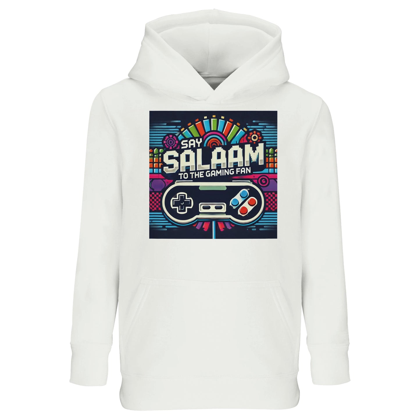 Say Salaam to the Gaming Fan Design #4 Part-Recycled Cotton-Poly Kids Hoodie in White / Platinum. A soft, durable jumper with brushed fleece lining, made for young gamers who play PlayStation, Xbox, FIFA kick-offs and Call of Duty battles. This comfortable children’s hoodie blends cotton and recycled polyester for warmth without bulk. Ideal for school days, weekend multiplayer sessions, esports streams and youth gaming tournaments. Affordable price, strong quality, modest streetwear style.
