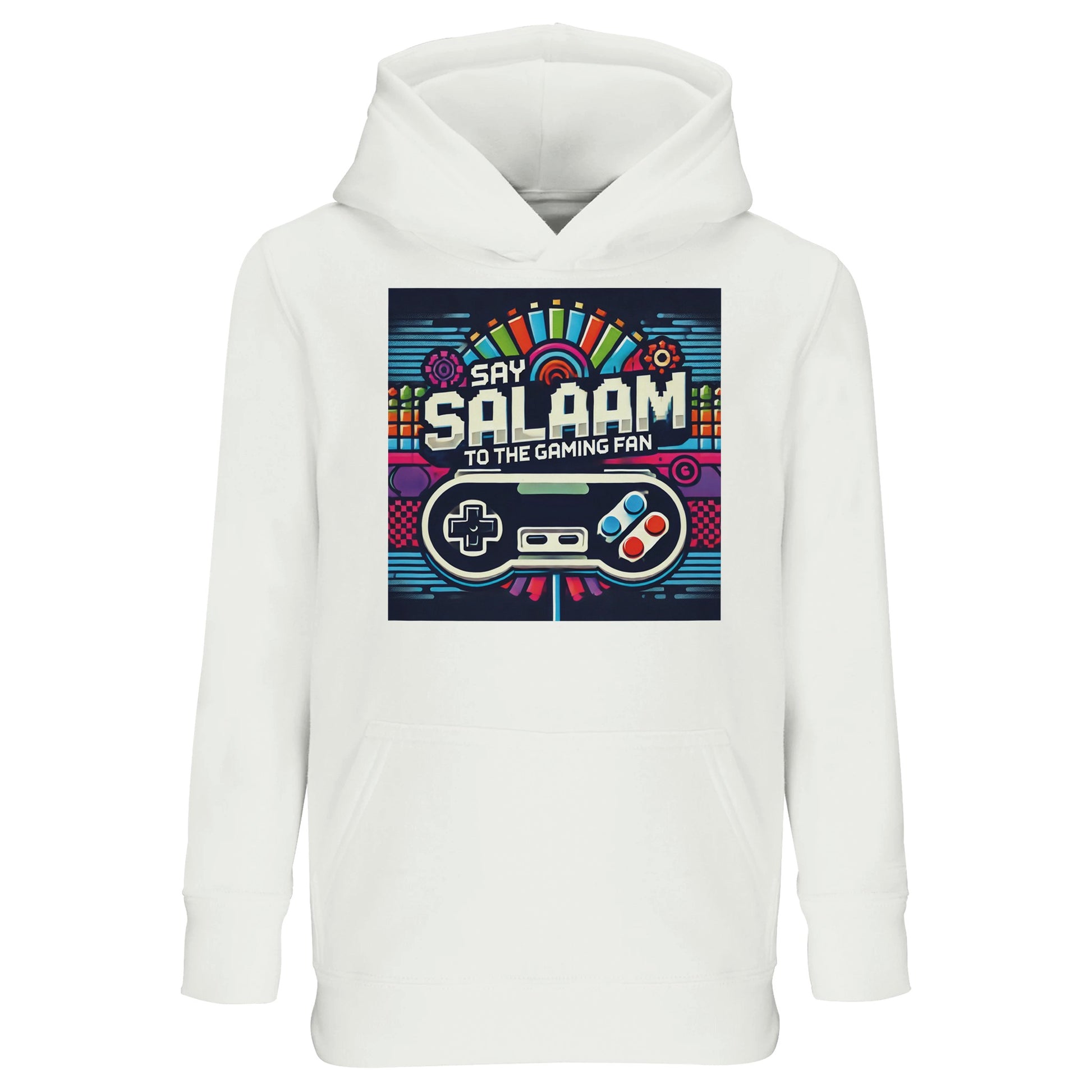 Say Salaam to the Gaming Fan Design #4 Part-Recycled Cotton-Poly Kids Hoodie in White / Platinum. A soft, durable jumper with brushed fleece lining, made for young gamers who play PlayStation, Xbox, FIFA kick-offs and Call of Duty battles. This comfortable children’s hoodie blends cotton and recycled polyester for warmth without bulk. Ideal for school days, weekend multiplayer sessions, esports streams and youth gaming tournaments. Affordable price, strong quality, modest streetwear style.
