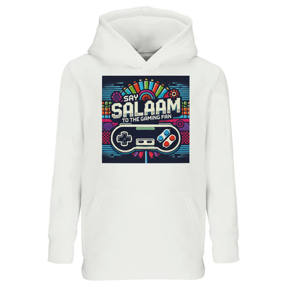 Say Salaam to the Gaming Fan Design #4 Part-Recycled Cotton-Poly Kids Hoodie in White / Platinum. A soft, durable jumper with brushed fleece lining, made for young gamers who play PlayStation, Xbox, FIFA kick-offs and Call of Duty battles. This comfortable children’s hoodie blends cotton and recycled polyester for warmth without bulk. Ideal for school days, weekend multiplayer sessions, esports streams and youth gaming tournaments. Affordable price, strong quality, modest streetwear style.