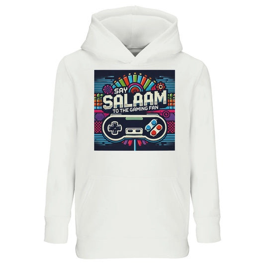 Say Salaam to the Gaming Fan Design #4 Part-Recycled Cotton-Poly Kids Hoodie in White / Platinum. A soft, durable jumper with brushed fleece lining, made for young gamers who play PlayStation, Xbox, FIFA kick-offs and Call of Duty battles. This comfortable children’s hoodie blends cotton and recycled polyester for warmth without bulk. Ideal for school days, weekend multiplayer sessions, esports streams and youth gaming tournaments. Affordable price, strong quality, modest streetwear style.