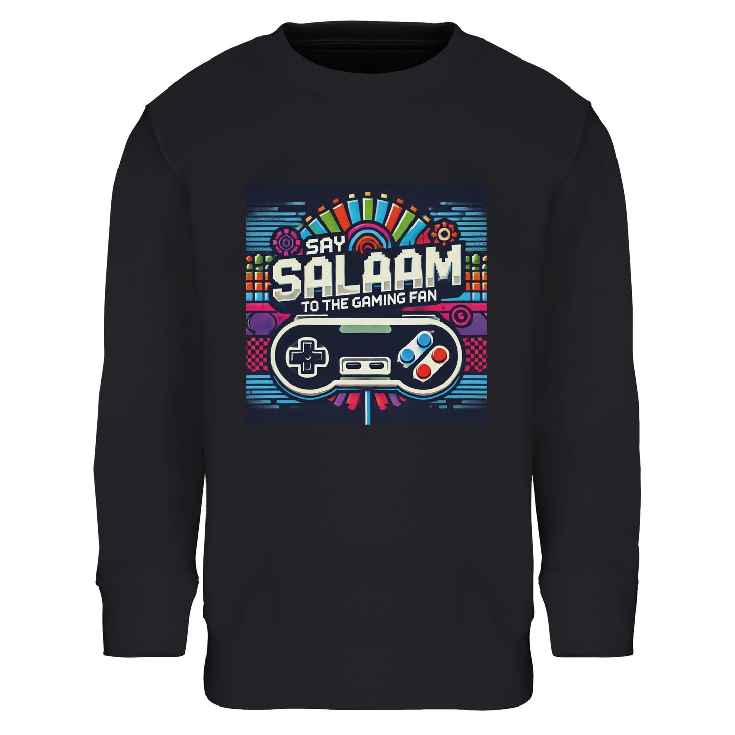 Black / Deep Black / Zeus kids gaming sweatshirt featuring the Say Salaam Gaming Fan Design #4, with colourful controller graphics, pixel icons and bright arcade-style blocks that feel like console gamers, multiplayer lobbies and online play. After the first wear, this children’s long-sleeved crew-neck top suits youngsters and youth who rotate between PlayStation and Xbox, plus favourites like FIFA and Call of Duty. A comfortable modest wear layer within Muslim clothing wardrobes, ideal for an Islamic gift.