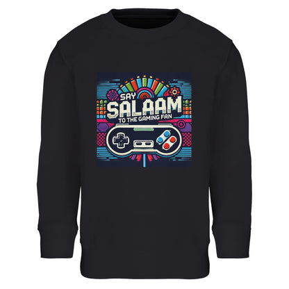 Black / Deep Black / Zeus kids gaming sweatshirt featuring the Say Salaam Gaming Fan Design #4, with colourful controller graphics, pixel icons and bright arcade-style blocks that feel like console gamers, multiplayer lobbies and online play. After the first wear, this children’s long-sleeved crew-neck top suits youngsters and youth who rotate between PlayStation and Xbox, plus favourites like FIFA and Call of Duty. A comfortable modest wear layer within Muslim clothing wardrobes, ideal for an Islamic gift.