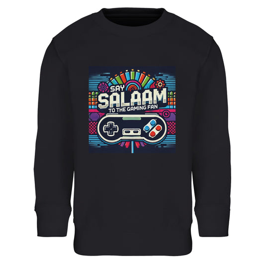 Black / Deep Black / Zeus kids gaming sweatshirt featuring the Say Salaam Gaming Fan Design #4, with colourful controller graphics, pixel icons and bright arcade-style blocks that feel like console gamers, multiplayer lobbies and online play. After the first wear, this children’s long-sleeved crew-neck top suits youngsters and youth who rotate between PlayStation and Xbox, plus favourites like FIFA and Call of Duty. A comfortable modest wear layer within Muslim clothing wardrobes, ideal for an Islamic gift.