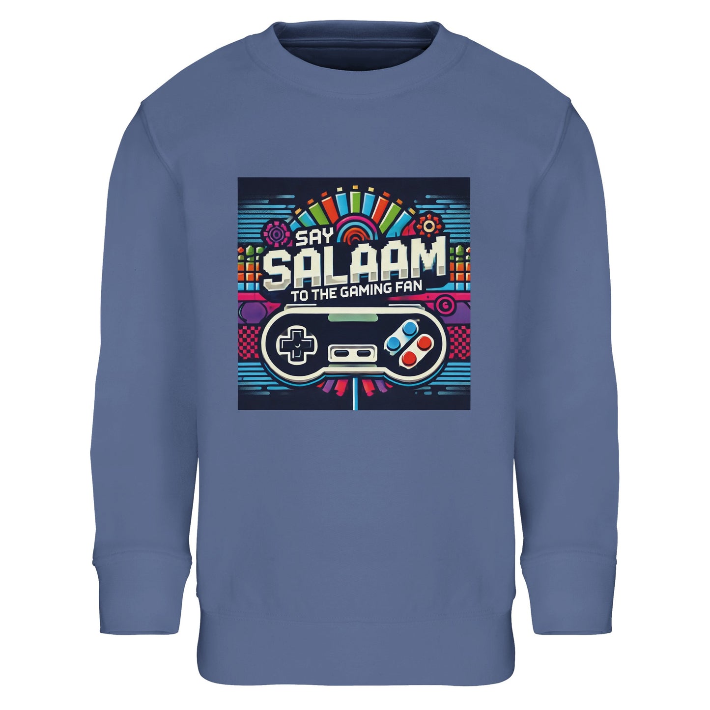 Blue / Marble Blue / Blue-Grey / Waikawa Grey kids gaming sweatshirt showcasing the Say Salaam Gaming Fan Design #4, printed with controller silhouettes, pixel motifs and lively arcade graphics that nod to online gaming and multiplayer sessions. After the first mention, this children’s sweatshirt fits youngsters and youth who enjoy console gaming on PlayStation or Xbox, including FIFA nights and co-op play. A modest apparel, suitable for Islamic shop browsing and everyday clothes Muslims wear.