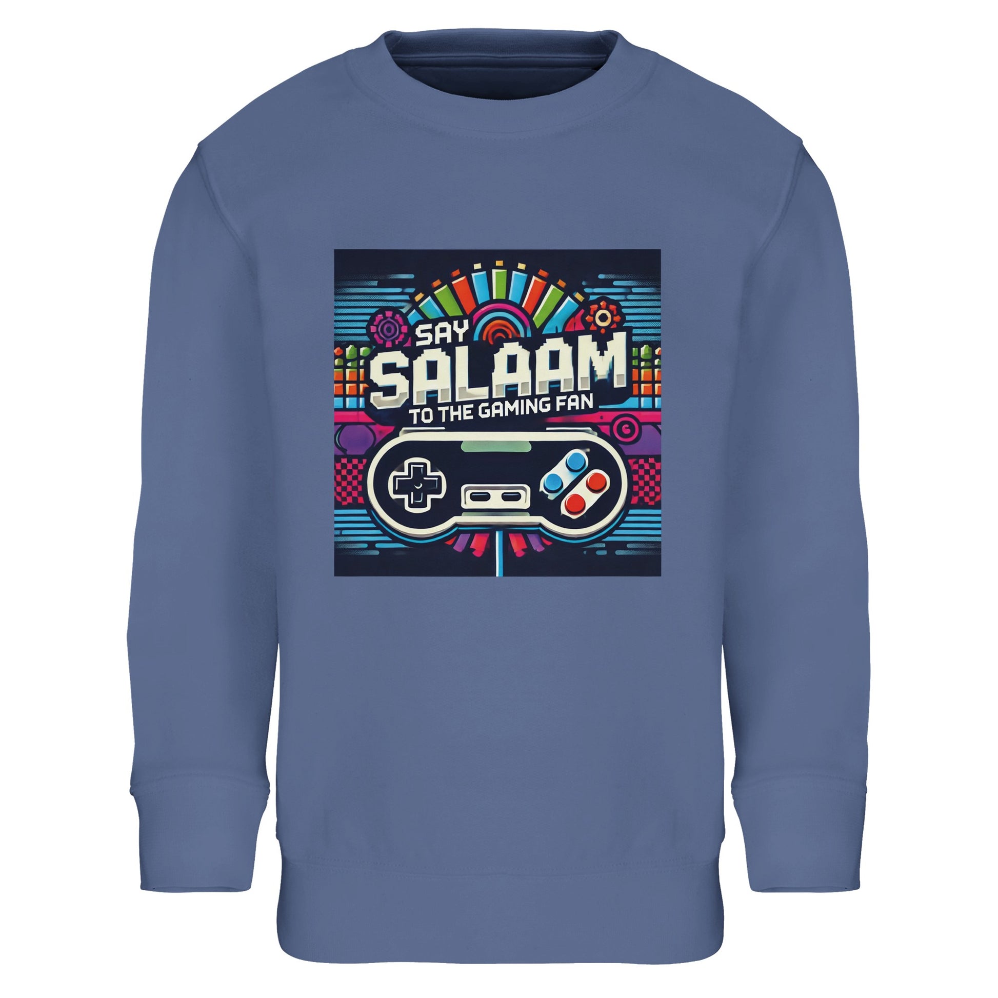 Blue / Marble Blue / Blue-Grey / Waikawa Grey kids gaming sweatshirt showcasing the Say Salaam Gaming Fan Design #4, printed with controller silhouettes, pixel motifs and lively arcade graphics that nod to online gaming and multiplayer sessions. After the first mention, this children’s sweatshirt fits youngsters and youth who enjoy console gaming on PlayStation or Xbox, including FIFA nights and co-op play. A modest apparel, suitable for Islamic shop browsing and everyday clothes Muslims wear.