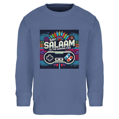 Blue / Marble Blue / Blue-Grey / Waikawa Grey kids gaming sweatshirt showcasing the Say Salaam Gaming Fan Design #4, printed with controller silhouettes, pixel motifs and lively arcade graphics that nod to online gaming and multiplayer sessions. After the first mention, this children’s sweatshirt fits youngsters and youth who enjoy console gaming on PlayStation or Xbox, including FIFA nights and co-op play. A modest apparel, suitable for Islamic shop browsing and everyday clothes Muslims wear.
