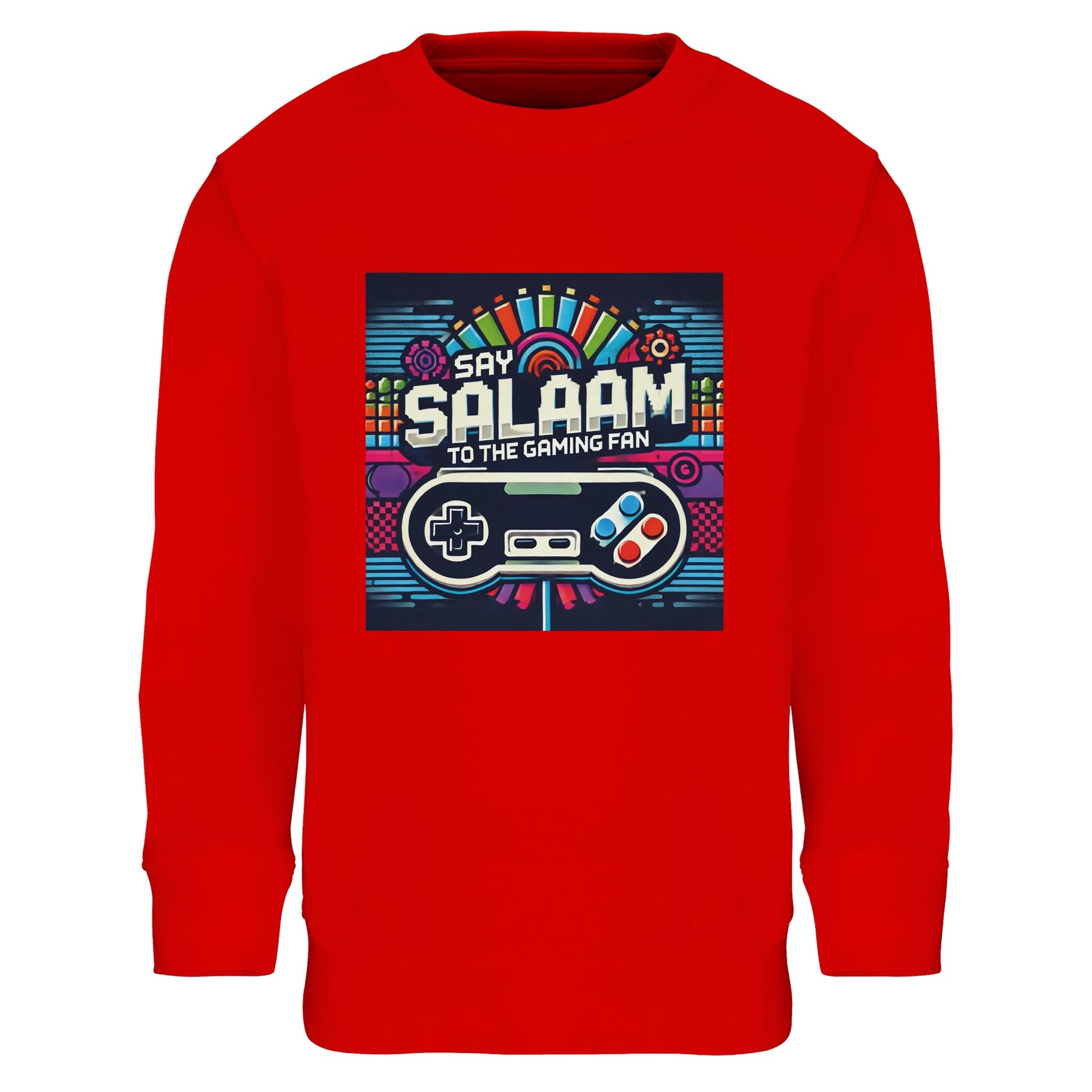 Bright Red / Rosso Corsa kids gaming sweatshirt featuring the Say Salaam Gaming Fan Design #4, combining a bold red base with playful controller graphics, pixel accents and a vibrant gamer-style print. After the first wear, this children’s long-sleeve crew fits youngsters and youth who love multiplayer matches, online play, and console sessions on PlayStation or Xbox, with FIFA and Call of Duty in the mix. A comfortable modest wear option for Muslim clothing wardrobes and Islamic shop collections.