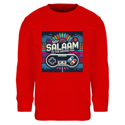 Bright Red / Rosso Corsa kids gaming sweatshirt featuring the Say Salaam Gaming Fan Design #4, combining a bold red base with playful controller graphics, pixel accents and a vibrant gamer-style print. After the first wear, this children’s long-sleeve crew fits youngsters and youth who love multiplayer matches, online play, and console sessions on PlayStation or Xbox, with FIFA and Call of Duty in the mix. A comfortable modest wear option for Muslim clothing wardrobes and Islamic shop collections.