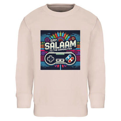 Creamy Pink / Oyster Pink kids gaming sweatshirt showing the Say Salaam Gaming Fan Design #4, pairing soft pastel with bright controller graphics, pixel motifs and arcade-style colours for gamers and online play. This children’s long-sleeve top suits youngsters who enjoy multiplayer, PlayStation or Xbox gaming, and favourites like FIFA. A gentle modest apparel option within Muslim clothing wardrobes and Islamic shop collections, offering clothes Muslims wear comfortably for school, weekends, and everyday.