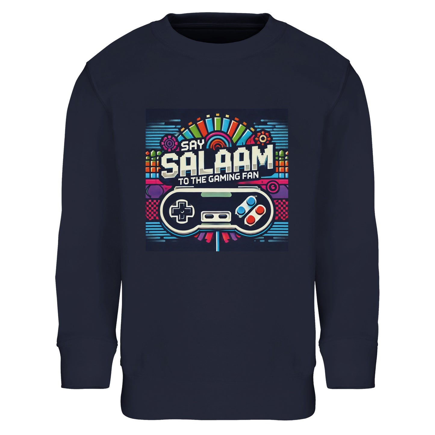 French Navy / Ebony Clay kids gaming sweatshirt displaying the Say Salaam Gaming Fan Design #4, with colourful controllers, pixel shapes and arcade-inspired artwork that suits gamers who live for multiplayer and online play. After the first mention, this children’s sweatshirt works for youngsters and youth who move between PlayStation and Xbox and enjoy titles like FIFA. A calm, wearable colourway for modest apparel and Muslim clothing wardrobes, ideal for an Islamic shop with clothes Muslims wear.