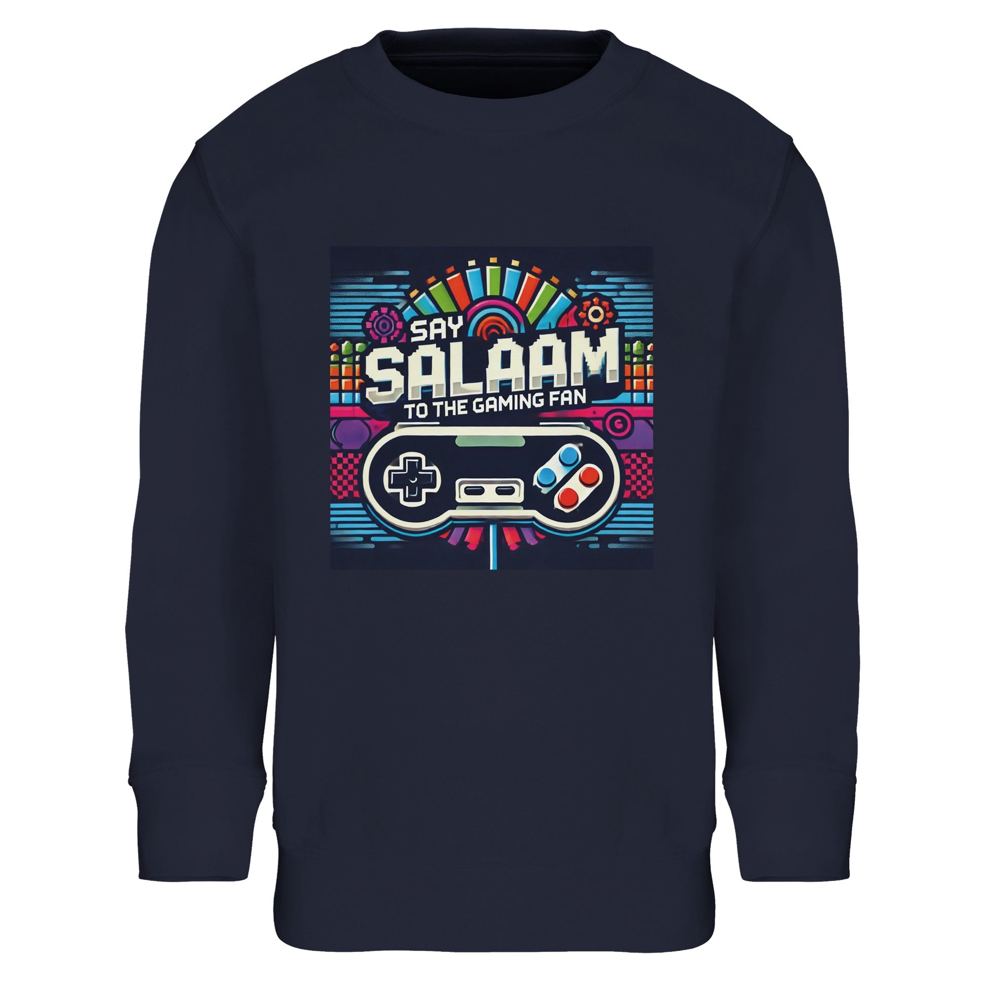 French Navy / Ebony Clay kids gaming sweatshirt displaying the Say Salaam Gaming Fan Design #4, with colourful controllers, pixel shapes and arcade-inspired artwork that suits gamers who live for multiplayer and online play. After the first mention, this children’s sweatshirt works for youngsters and youth who move between PlayStation and Xbox and enjoy titles like FIFA. A calm, wearable colourway for modest apparel and Muslim clothing wardrobes, ideal for an Islamic shop with clothes Muslims wear.