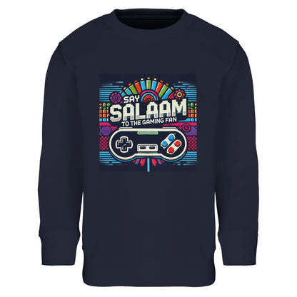 French Navy / Ebony Clay kids gaming sweatshirt displaying the Say Salaam Gaming Fan Design #4, with colourful controllers, pixel shapes and arcade-inspired artwork that suits gamers who live for multiplayer and online play. After the first mention, this children’s sweatshirt works for youngsters and youth who move between PlayStation and Xbox and enjoy titles like FIFA. A calm, wearable colourway for modest apparel and Muslim clothing wardrobes, ideal for an Islamic shop with clothes Muslims wear.
