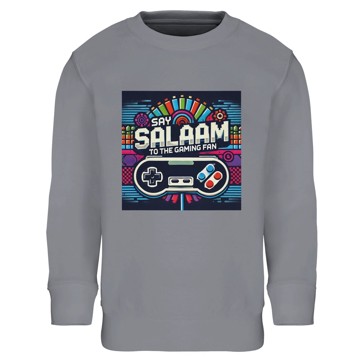 Grey Melange / Heather Grey / Marl Grey / Classic Athletic Grey Blend kids gaming sweatshirt featuring the Say Salaam Gaming Fan Design #4, pairing a neutral athletic base with bright controller graphics and pixel-art details inspired by console gamers and online multiplayer culture. After the first wear, this children’s long-sleeve top fits youngsters and youth who enjoy PlayStation or Xbox sessions, plus FIFA and co-op games. A versatile modest wear layer within Muslim clothing ranges and Islamic shops.