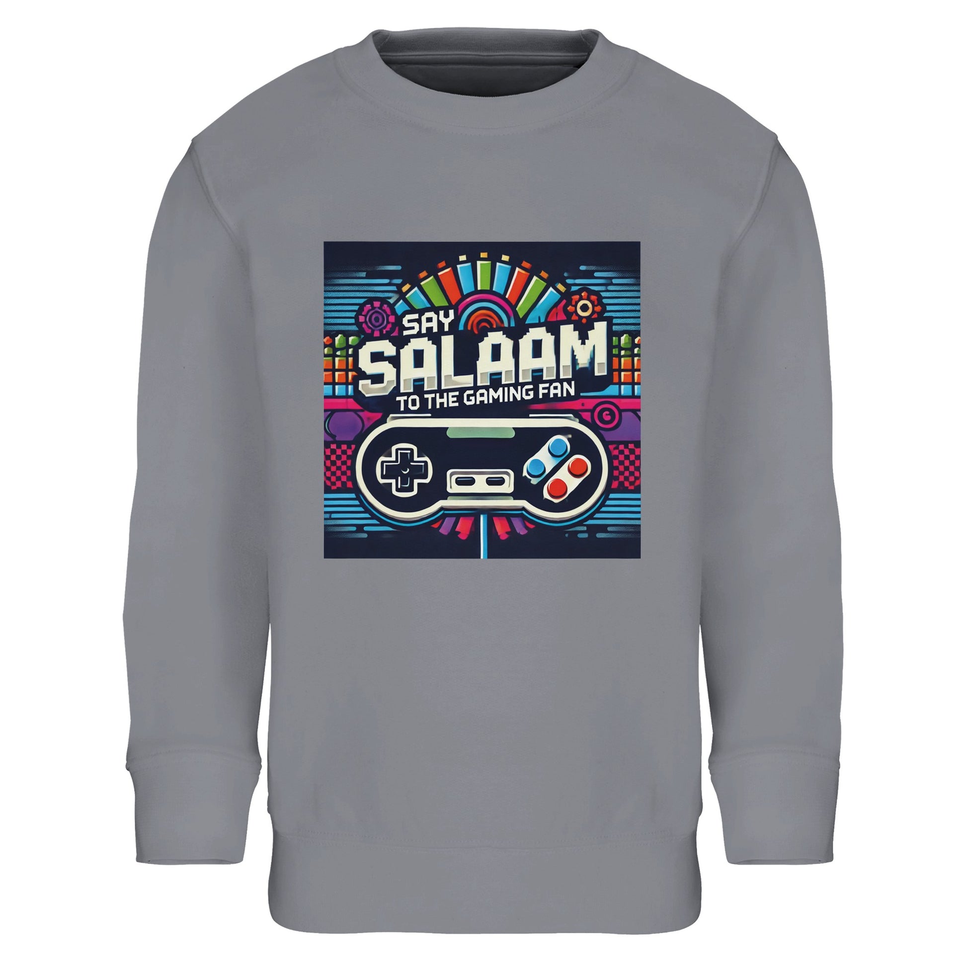 Grey Melange / Heather Grey / Marl Grey / Classic Athletic Grey Blend kids gaming sweatshirt featuring the Say Salaam Gaming Fan Design #4, pairing a neutral athletic base with bright controller graphics and pixel-art details inspired by console gamers and online multiplayer culture. After the first wear, this children’s long-sleeve top fits youngsters and youth who enjoy PlayStation or Xbox sessions, plus FIFA and co-op games. A versatile modest wear layer within Muslim clothing ranges and Islamic shops.