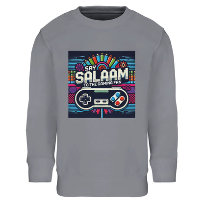 Grey Melange / Heather Grey / Marl Grey / Classic Athletic Grey Blend kids gaming sweatshirt featuring the Say Salaam Gaming Fan Design #4, pairing a neutral athletic base with bright controller graphics and pixel-art details inspired by console gamers and online multiplayer culture. After the first wear, this children’s long-sleeve top fits youngsters and youth who enjoy PlayStation or Xbox sessions, plus FIFA and co-op games. A versatile modest wear layer within Muslim clothing ranges and Islamic shops.