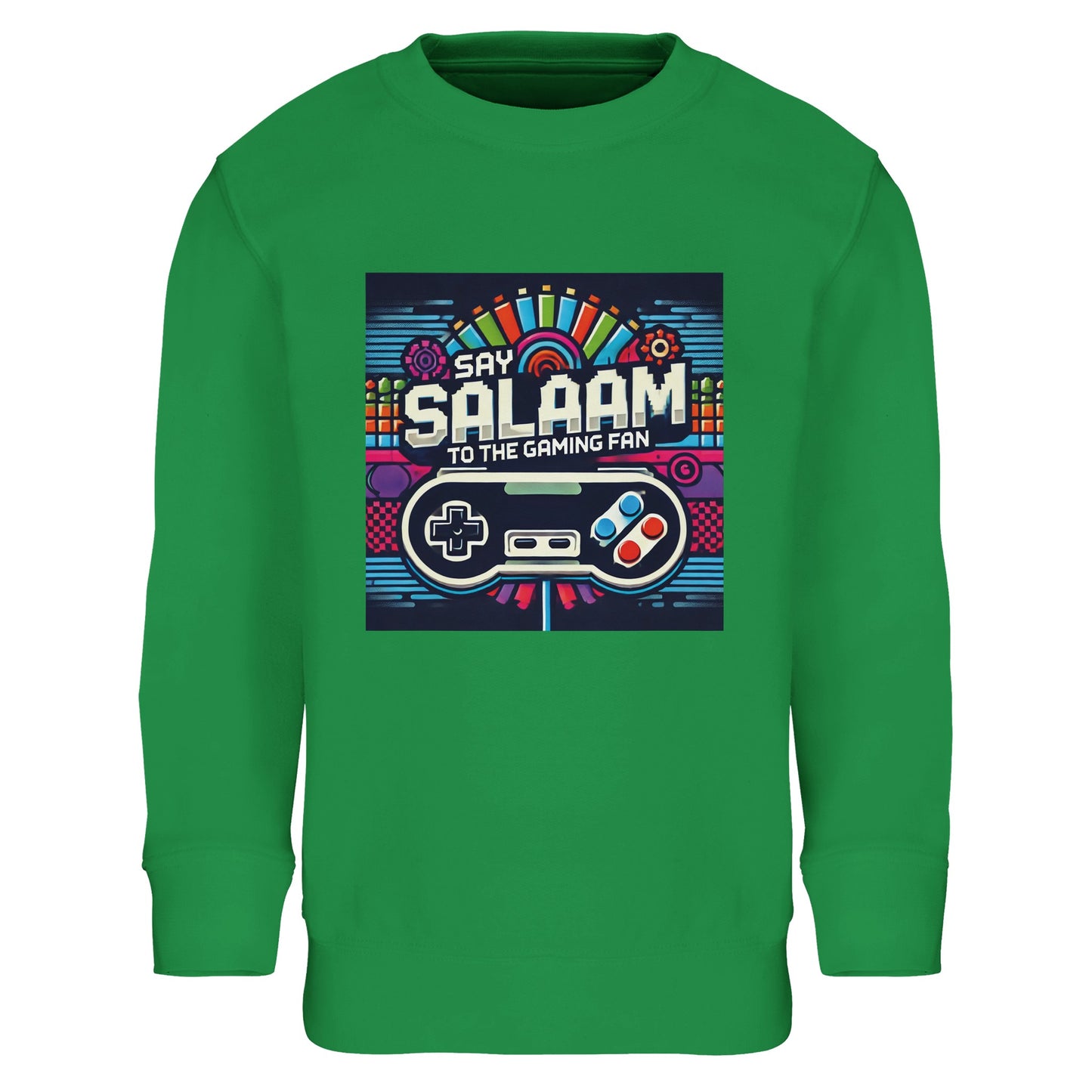 Spring Green / Sea Green / Eucalyptus kids gaming sweatshirt printed with the Say Salaam Gaming Fan Design #4, using lively controller graphics, pixel icons and arcade-style colours that feel at home with gamers, multiplayer play and online sessions. After the first mention, this children’s sweatshirt suits youngsters and youth who enjoy console gaming on PlayStation or Xbox, including FIFA nights and friendly matches. A fresh modest apparel option with Muslim clothing wardrobes and Islamic shop collections