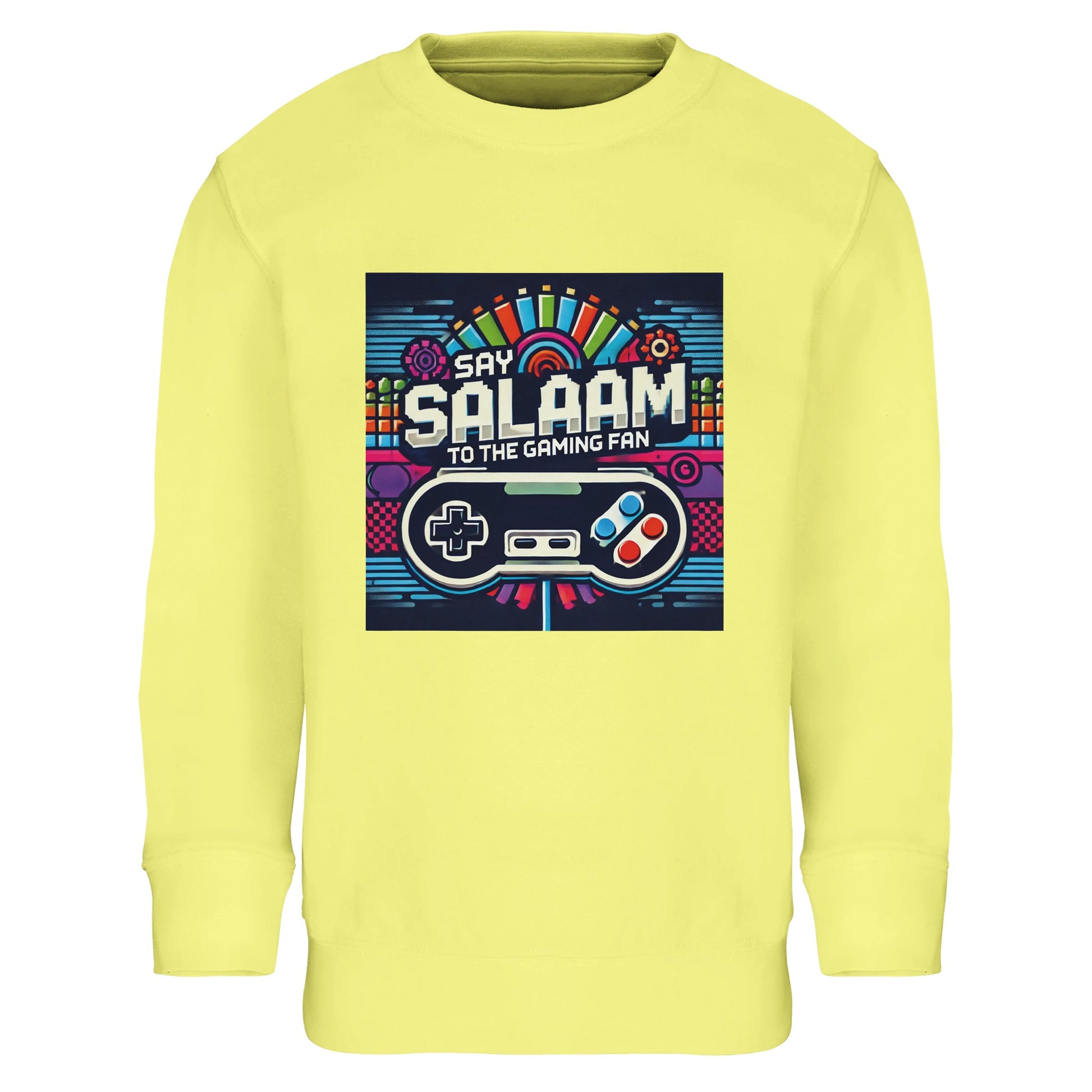 Light Yellow / Lemon Chiffon kids gaming sweatshirt featuring the Say Salaam Gaming Fan Design #4, with a bright base, playful controller artwork and pixel motifs inspired by arcade graphics and online gaming. This children’s crew-neck sweatshirt fits youngsters and youth who enjoy multiplayer play, console gaming, and favourites like FIFA on PlayStation or Xbox. A cheerful modest piece within Muslim clothing ranges and Islamic shop edits, offering clothes Muslims wear for school, weekends, and comfort.
