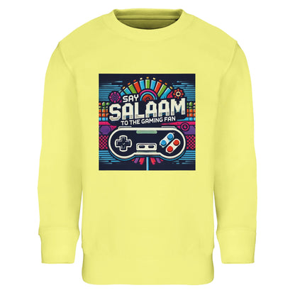Light Yellow / Lemon Chiffon kids gaming sweatshirt featuring the Say Salaam Gaming Fan Design #4, with a bright base, playful controller artwork and pixel motifs inspired by arcade graphics and online gaming. This children’s crew-neck sweatshirt fits youngsters and youth who enjoy multiplayer play, console gaming, and favourites like FIFA on PlayStation or Xbox. A cheerful modest piece within Muslim clothing ranges and Islamic shop edits, offering clothes Muslims wear for school, weekends, and comfort.