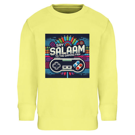 Light Yellow / Lemon Chiffon kids gaming sweatshirt featuring the Say Salaam Gaming Fan Design #4, with a bright base, playful controller artwork and pixel motifs inspired by arcade graphics and online gaming. This children’s crew-neck sweatshirt fits youngsters and youth who enjoy multiplayer play, console gaming, and favourites like FIFA on PlayStation or Xbox. A cheerful modest piece within Muslim clothing ranges and Islamic shop edits, offering clothes Muslims wear for school, weekends, and comfort.