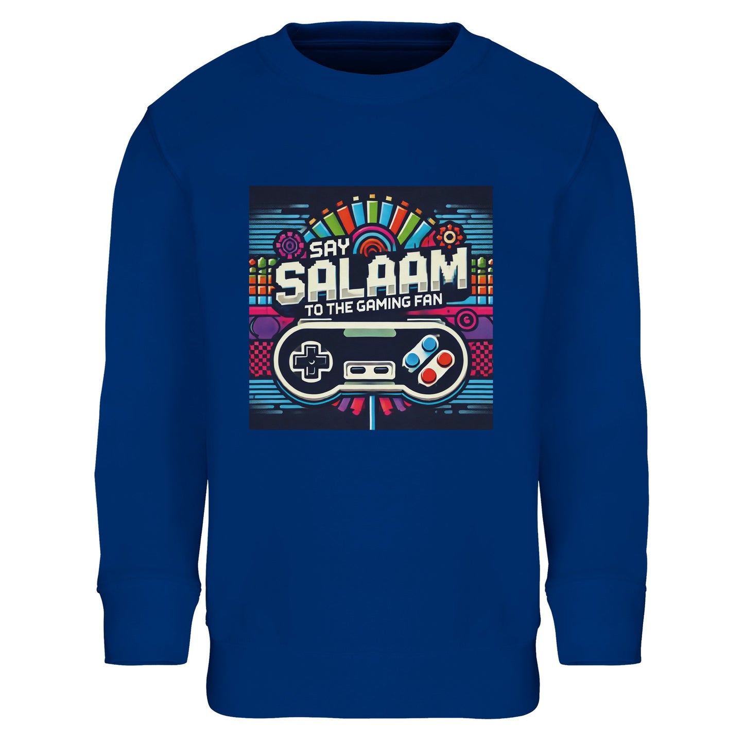 Royal Blue / Dark Midnight Blue kids gaming sweatshirt displaying the Say Salaam Gaming Fan Design #4, with bold controller graphics, pixel shapes and arcade-inspired colour blocks for gamers, online play and multiplayer sessions. This children’s long-sleeved top suits youth who switch between PlayStation and Xbox, including FIFA and co-op gaming. Strong modest apparel for Muslim clothing wardrobes and Islamic shop collections, offering clothes Muslims wear comfortably for school days, travel, and evenings.