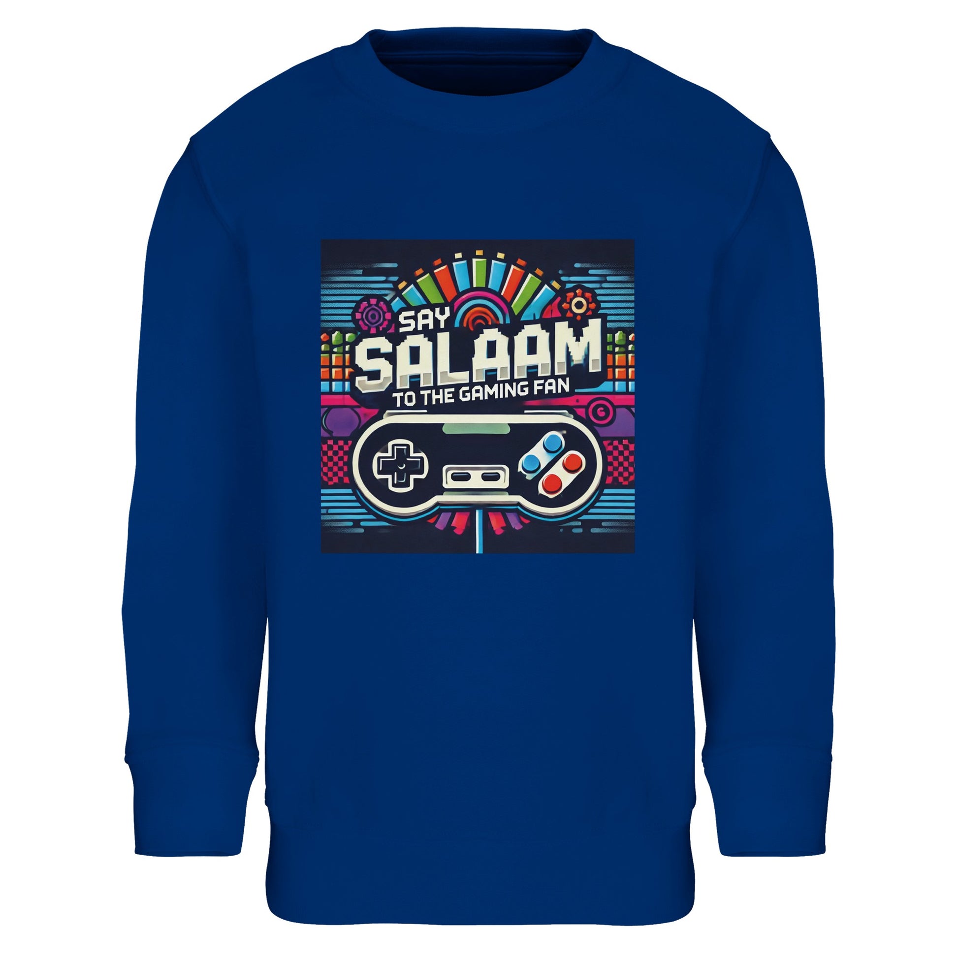 Royal Blue / Dark Midnight Blue kids gaming sweatshirt displaying the Say Salaam Gaming Fan Design #4, with bold controller graphics, pixel shapes and arcade-inspired colour blocks for gamers, online play and multiplayer sessions. This children’s long-sleeved top suits youth who switch between PlayStation and Xbox, including FIFA and co-op gaming. Strong modest apparel for Muslim clothing wardrobes and Islamic shop collections, offering clothes Muslims wear comfortably for school days, travel, and evenings.