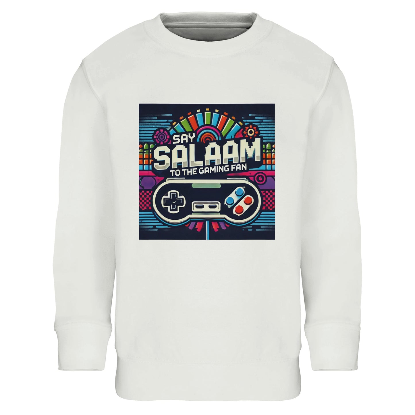 White / Platinum kids gaming sweatshirt featuring the Say Salaam Gaming Fan Design #4, colourful controller graphics and pixel-art on a clean base, echoing arcade visuals, console gamers and online multiplayer. This children’s crew-neck sweatshirt fits youngsters who enjoy PlayStation or Xbox sessions, FIFA nights, and casual co-op games. A crisp modest wear layer within Muslim clothing ranges and Islamic shop edits, offering clothes Muslims wear for school, weekends, and everyday outfits.