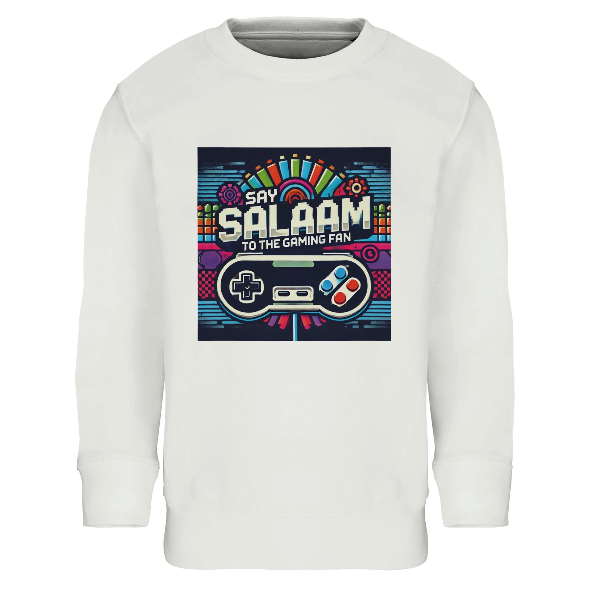 White / Platinum kids gaming sweatshirt featuring the Say Salaam Gaming Fan Design #4, colourful controller graphics and pixel-art on a clean base, echoing arcade visuals, console gamers and online multiplayer. This children’s crew-neck sweatshirt fits youngsters who enjoy PlayStation or Xbox sessions, FIFA nights, and casual co-op games. A crisp modest wear layer within Muslim clothing ranges and Islamic shop edits, offering clothes Muslims wear for school, weekends, and everyday outfits.