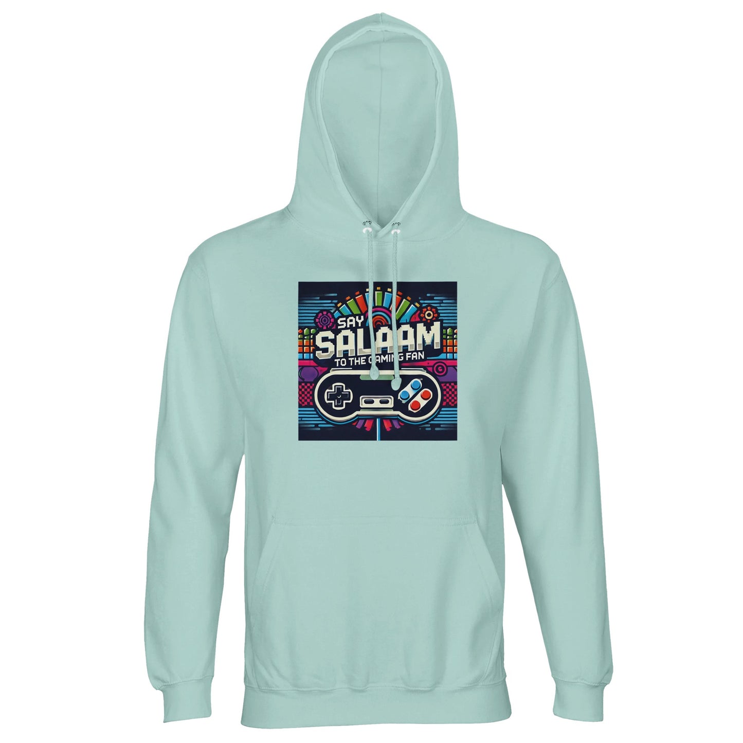 Say Salaam to the Gaming Fan Design #4 Part-Recycled Unisex Cotton-Poly Hoodie (light) in Arctic Blue / Cadet Blue jumper with bold gaming artwork, soft brushed fleece interior and relaxed unisex streetwear silhouette made from sustainable cotton-poly fabric at an accessible price. Created for gamers, esports fans, PlayStation and Xbox competitors, FIFA tournaments, Call of Duty campaigns and intense online multiplayer battles, this jumper balances warmth, durability and vibrant gaming identity.