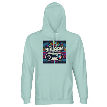 Say Salaam to the Gaming Fan Design #4 Part-Recycled Unisex Cotton-Poly Hoodie (light) in Arctic Blue / Cadet Blue jumper with bold gaming artwork, soft brushed fleece interior and relaxed unisex streetwear silhouette made from sustainable cotton-poly fabric at an accessible price. Created for gamers, esports fans, PlayStation and Xbox competitors, FIFA tournaments, Call of Duty campaigns and intense online multiplayer battles, this jumper balances warmth, durability and vibrant gaming identity.