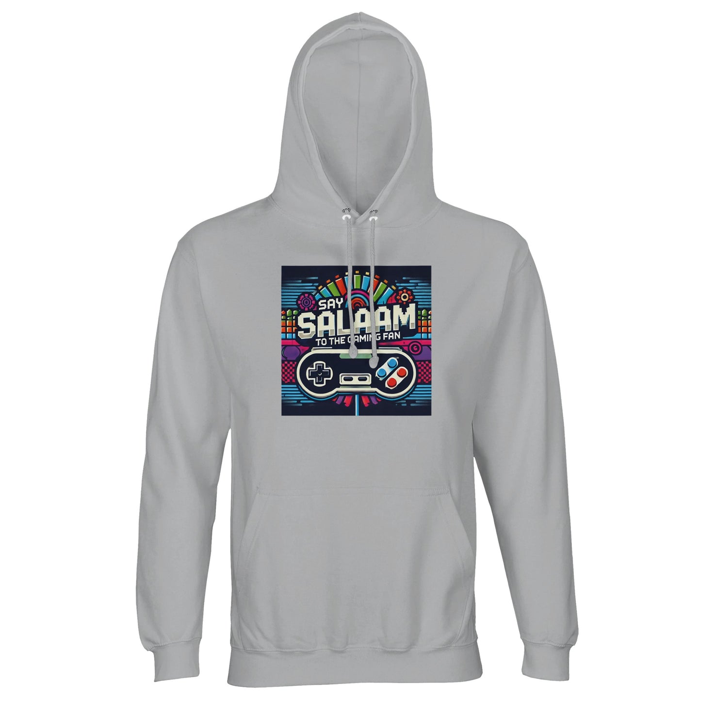Say Salaam to the Gaming Fan Design #4 Part-Recycled Unisex Cotton-Poly Hoodie (light) in Ash / Silver Chalice jumper featuring bold retro gaming artwork, brushed fleece lining for warmth, relaxed streetwear fit and durable cotton-poly blend at a great price, ideal for gamers, esports fans, PlayStation, Xbox, FIFA, Call of Duty and late-night online multiplayer sessions.